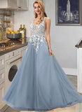 Louisa Ball-Gown/Princess V-neck Floor-Length Tulle Wedding Dress With Lace STKP0013763