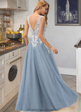 Louisa Ball-Gown/Princess V-neck Floor-Length Tulle Wedding Dress With Lace STKP0013763