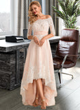 Sheila A-Line Asymmetrical Satin Tulle Lace Wedding Dress With Sequins STKP0013769