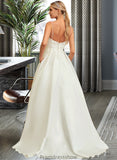 Abigayle Ball-Gown/Princess V-neck Sweep Train Satin Lace Wedding Dress With Lace Beading Sequins Pockets STKP0013771