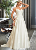 Abigayle Ball-Gown/Princess V-neck Sweep Train Satin Lace Wedding Dress With Lace Beading Sequins Pockets STKP0013771