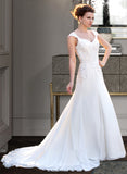 Elsie A-Line V-neck Court Train Chiffon Wedding Dress With Lace Beading Sequins STKP0013776