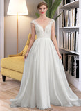 Laila A-Line V-neck Sweep Train Chiffon Wedding Dress With Beading Sequins STKP0013792