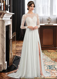 Donna A-Line Illusion Sweep Train Chiffon Wedding Dress With Appliques Lace Split Front STKP0013793