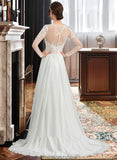 Donna A-Line Illusion Sweep Train Chiffon Wedding Dress With Appliques Lace Split Front STKP0013793