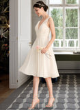 Harriet A-Line V-neck Knee-Length Chiffon Lace Wedding Dress With Ruffle STKP0013794
