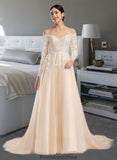 Hayden Ball-Gown/Princess Illusion Chapel Train Wedding Dress With Sequins STKP0013798