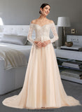 Hayden Ball-Gown/Princess Illusion Chapel Train Wedding Dress With Sequins STKP0013798