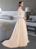 Hayden Ball-Gown/Princess Illusion Chapel Train Wedding Dress With Sequins STKP0013798