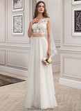 Kaylynn A-Line Scoop Neck Floor-Length Chiffon Wedding Dress With Beading Sequins STKP0013799