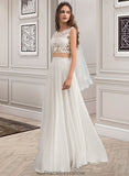 Kaylynn A-Line Scoop Neck Floor-Length Chiffon Wedding Dress With Beading Sequins STKP0013799