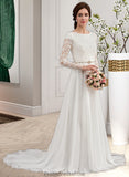 Vivien A-Line Scoop Neck Court Train Chiffon Wedding Dress With Beading STKP0013800