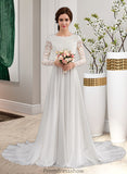 Vivien A-Line Scoop Neck Court Train Chiffon Wedding Dress With Beading STKP0013800