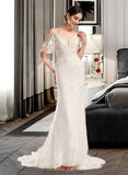 Madilyn Trumpet/Mermaid V-neck Chapel Train Wedding Dress With Beading Sequins STKP0013802