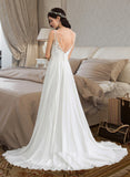 Amari A-Line V-neck Sweep Train Chiffon Wedding Dress With Beading Sequins Split Front STKP0013806