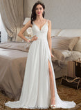 Amari A-Line V-neck Sweep Train Chiffon Wedding Dress With Beading Sequins Split Front STKP0013806