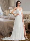 Amari A-Line V-neck Sweep Train Chiffon Wedding Dress With Beading Sequins Split Front STKP0013806