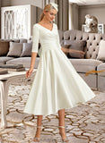 Lola A-Line V-neck Tea-Length Satin Wedding Dress STKP0013817