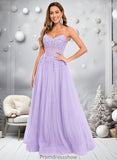 Moira Ball-Gown/Princess V-Neck Floor-Length Tulle Prom Dresses With Sequins Appliques Lace STKP0025837