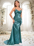 Tatum Trumpet/Mermaid V-Neck Sweep Train Stretch Satin Prom Dresses STKP0025855