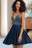 Kaylen A-line V-Neck Short/Mini Satin Homecoming Dress With Beading Sequins STKP0020566