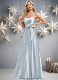 Yaritza A-line V-Neck Floor-Length Stretch Satin Bridesmaid Dress STKP0025795