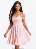 Bailey A-line Off the Shoulder Short Satin Homecoming Dress With Rhinestone Beading Appliques Lace STKP0025679