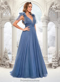 Shayna A-line V-Neck Sweep Train Tulle Prom Dresses With Bow STKP0025854