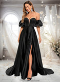 Adeline A-line V-Neck Sweep Train Satin Prom Dresses STKP0025842