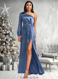 Adeline A-line One Shoulder Floor-Length Stretch Satin Bridesmaid Dress With Bow STKP0025730