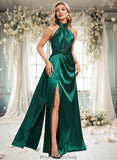 Madalyn A-line Halter Floor-Length Stretch Satin Bridesmaid Dress With Ruffle STKP0025817