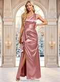 Gina A-line One Shoulder Floor-Length Stretch Satin Bridesmaid Dress With Ruffle STKP0025768