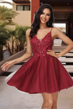 Brynlee A-line V-Neck Short/Mini Lace Tulle Homecoming Dress With Sequins STKP0020498