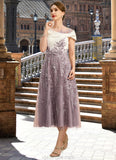 Ruth A-line Scoop Tea-Length Chiffon Lace Mother of the Bride Dress With Sequins STKP0021773