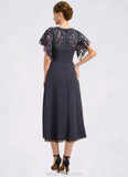 Sherry A-line Scoop Tea-Length Chiffon Lace Mother of the Bride Dress With Pleated STKP0021928