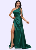 Corinne Trumpet/Mermaid One Shoulder Sweep Train Stretch Satin Prom Dresses With Beading STKP0022205