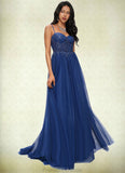 Camille Ball-Gown/Princess Sweetheart Sweep Train Tulle Prom Dresses With Appliques Lace Sequins STKP0022210