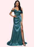 Gina Trumpet/Mermaid V-Neck Sweep Train Stretch Satin Prom Dresses With Beading Rhinestone Sequins STKP0022213