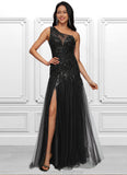 Rayna Trumpet/Mermaid One Shoulder Illusion Floor-Length Lace Tulle Prom Dresses With Sequins STKP0022217