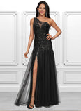 Rayna Trumpet/Mermaid One Shoulder Illusion Floor-Length Lace Tulle Prom Dresses With Sequins STKP0022217