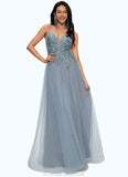 Cheyanne A-line V-Neck Floor-Length Tulle Prom Dresses With Appliques Lace Sequins STKP0022223