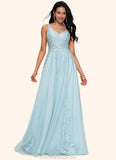 Britney A-line V-Neck Floor-Length Tulle Prom Dresses With Rhinestone Appliques Lace Sequins STKP0022225