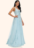 Britney A-line V-Neck Floor-Length Tulle Prom Dresses With Rhinestone Appliques Lace Sequins STKP0022225