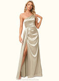 Kailyn A-line One Shoulder Floor-Length Stretch Satin Bridesmaid Dress With Ruffle STKP0022614