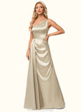 Kailyn A-line One Shoulder Floor-Length Stretch Satin Bridesmaid Dress With Ruffle STKP0022614