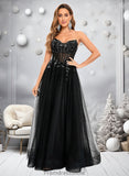 Moira Ball-Gown/Princess V-Neck Floor-Length Tulle Prom Dresses With Sequins Appliques Lace STKP0025837