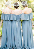 Off-The-Shoulder A-Line/Princess Long/Floor-Length Chiffon Bridesmaid Dresses With Ruffles Joslyn STKP0025555