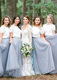 Short Sleeve Scoop Neck Long/Floor-Length A-line/Princess Tulle Bridesmaid Dresseses With Lace Emilia STKP0025563
