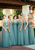 Sleeveless V Neck Tulle Long/Floor-Length A-line/Princess Bridesmaid Dresseses With Pleated Angelina STKP0025578