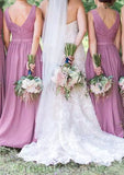 Sleeveless V Neck Long/Floor-Length Chiffon A-line/Princess Bridesmaid Dresseses With Pleated Sherry STKP0025584
